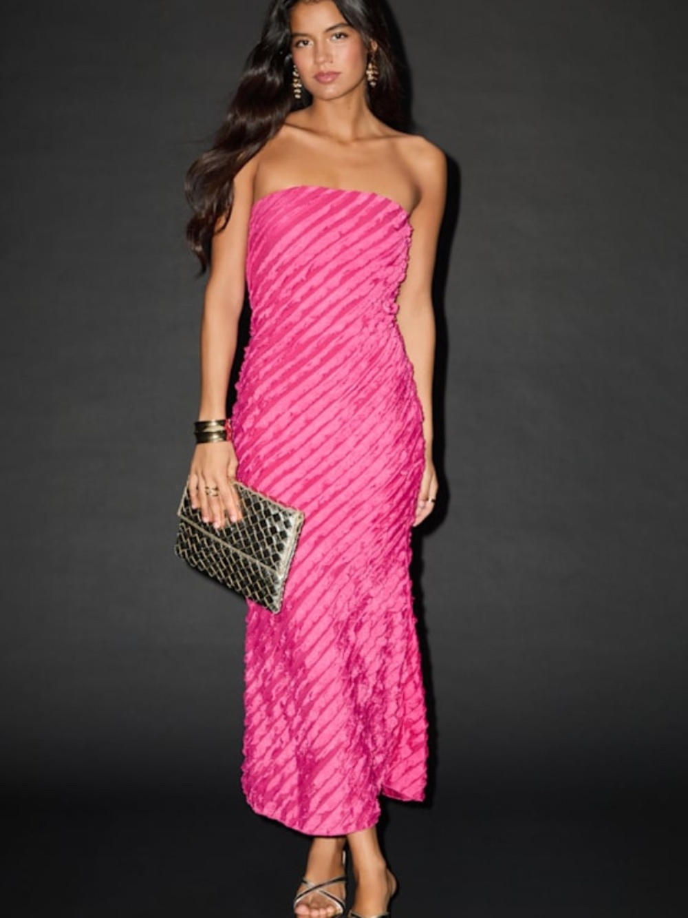 New! Lulus Faelyn Magenta Strapless Ruffled Midi Dress Pink - Size M